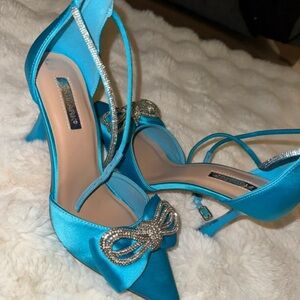 Primark Turquoise Satin Pointed Heels with Crystal Bow Accent